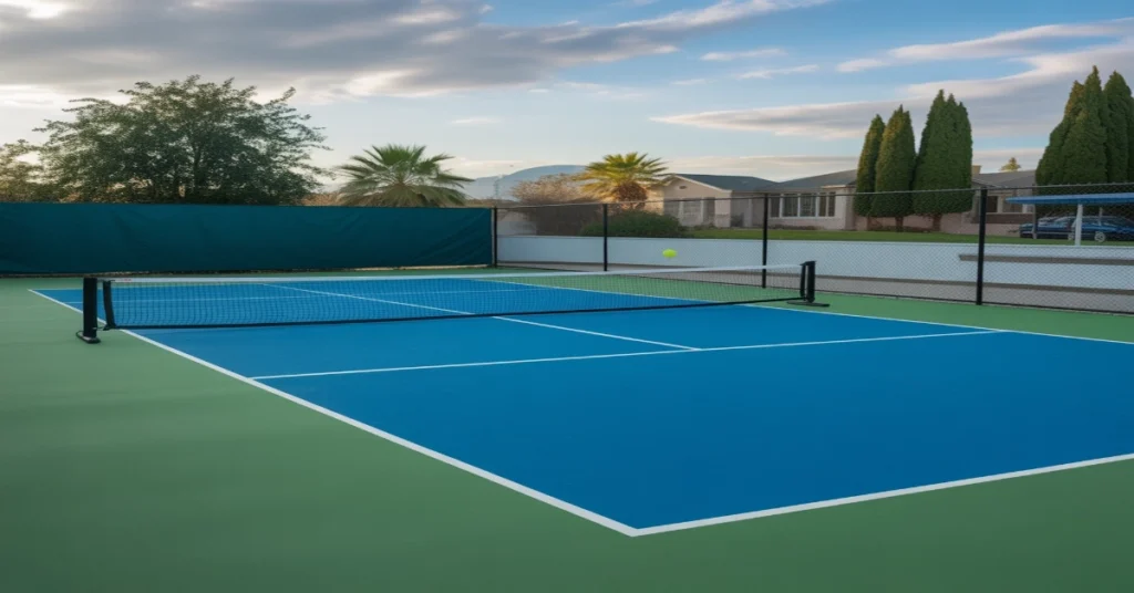 Outdoor pickleball court with net and fencing, showing example for how much does it cost to build a pickleball court.