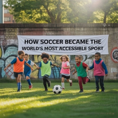 Children playing soccer on a field with a banner, reflecting the question “Is soccer the only universal game” worldwide.