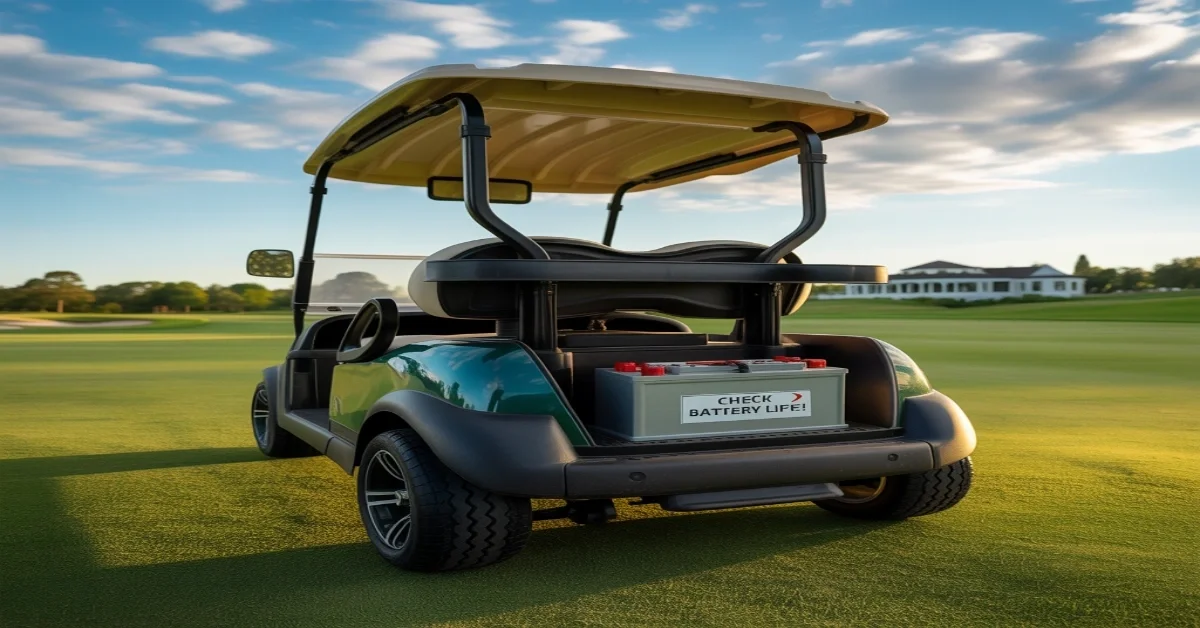 Golf cart on course with battery check reminder, showing how long do golf cart batteries last in real use.