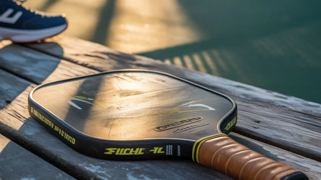 Pickleball paddle on court bench showing wear, answering how long do pickleball paddles last for players.