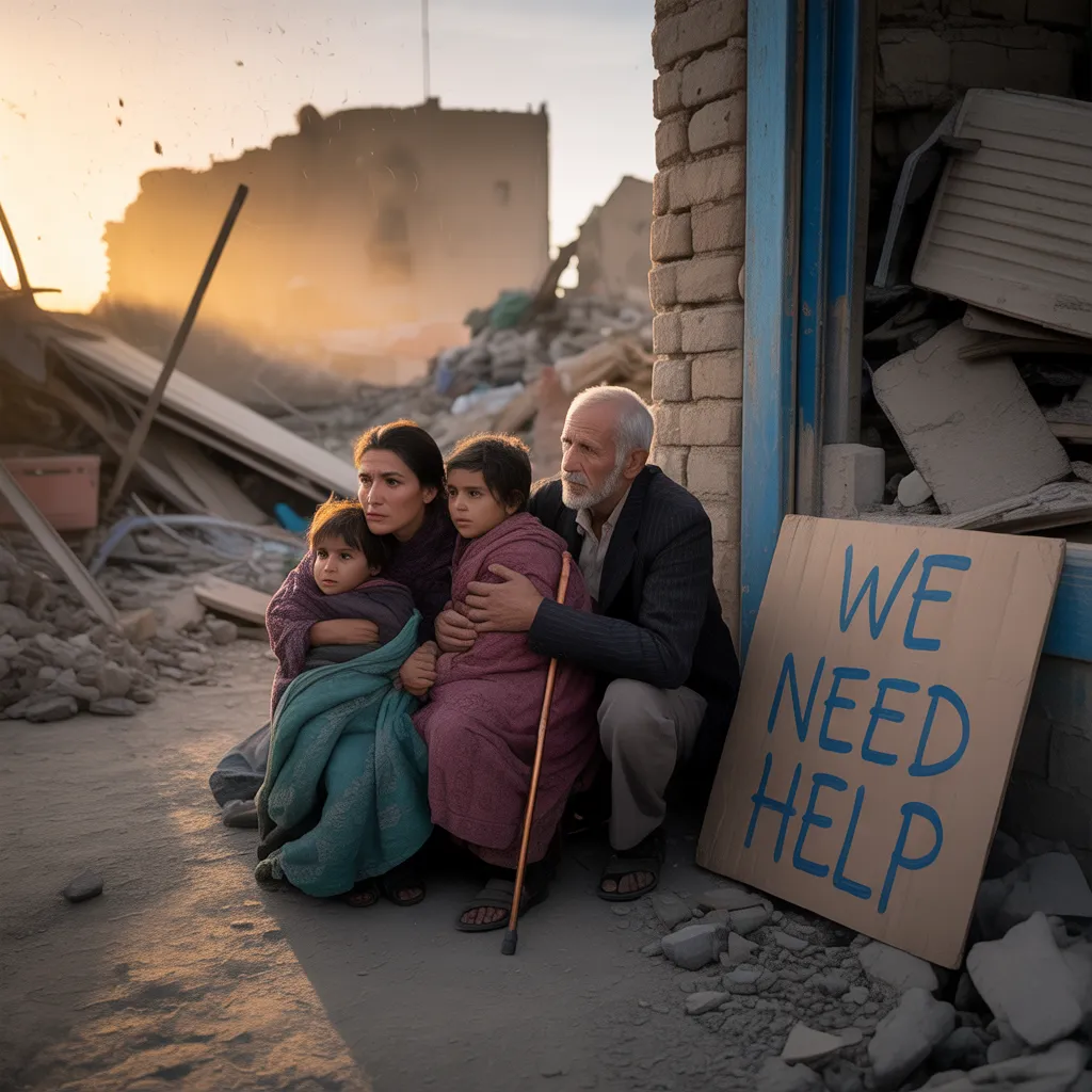 How many people were affected by the earthquake – a distressed family amid rubble clutching a “We Need Help” sign.
