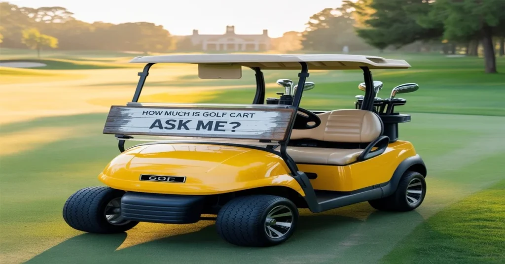 Yellow golf cart with a sign reading 'How much is golf cart insurance? Ask me?' on a lush green golf course, illustrating golf cart insurance costs.
