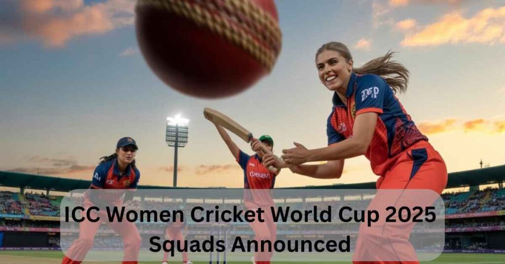 Female cricketers in action during a match as ICC Women Cricket World Cup 2025 squads announced at a stadium sunset scene.