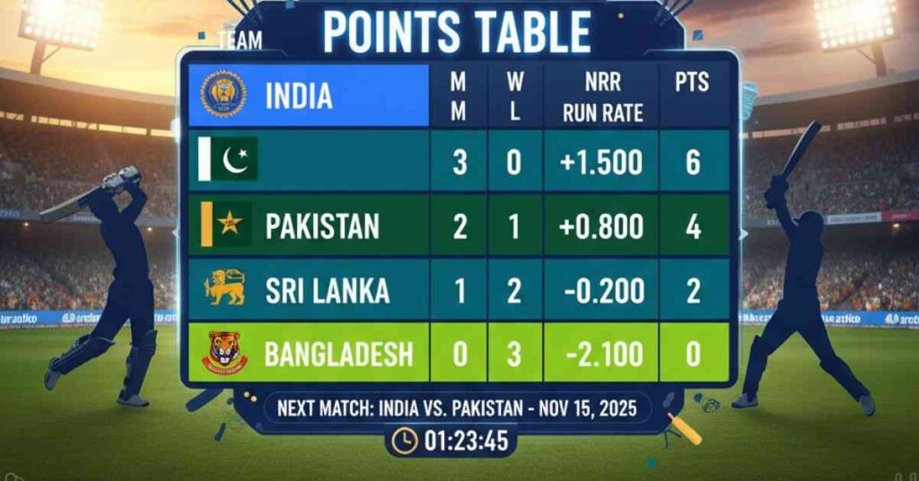 Asia Cup Super 4 Points Table Cricket showing India on top, followed by Pakistan, Sri Lanka, and Bangladesh 2025