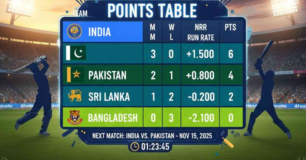 Asia Cup Super 4 Points Table Cricket showing India on top, followed by Pakistan, Sri Lanka, and Bangladesh 2025