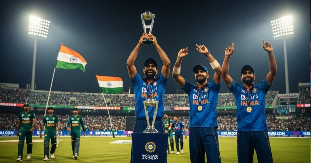 India Refuses Asia Cup Trophy After Win Against Pakistan in Dubai Final celebration with players holding medals on field.