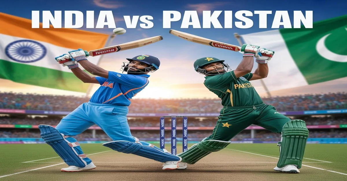 India vs Pakistan cricket match with players in action, national flags in background and stadium crowd cheering.