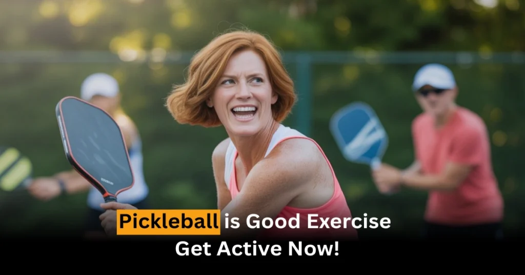 Smiling woman playing pickleball outdoors with friends, showing how pickleball is good exercise for fun and fitness.