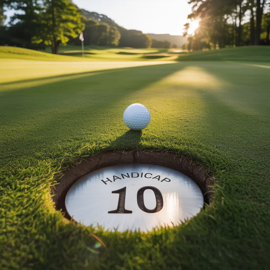 Golf ball on green near hole marked handicap 10, answering the question Is a 10 Handicap Considered Good?
