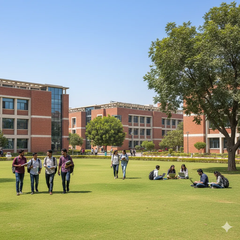 "Students walking and studying on the green campus of a top-ranked institute featured in the Top Ten Universities in Pakistan."