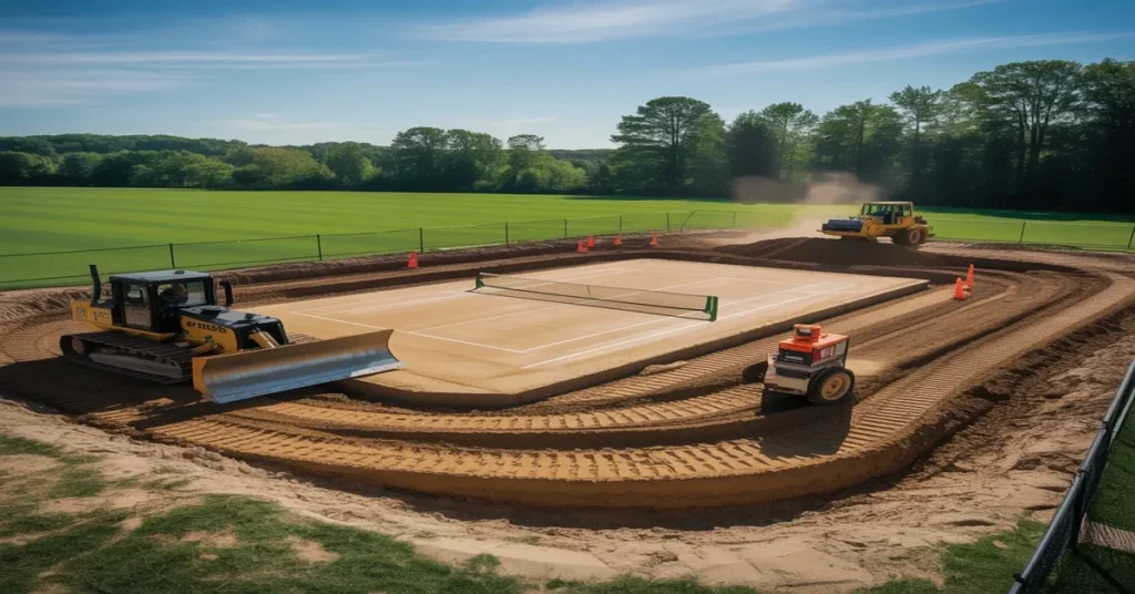 Construction equipment preparing ground for pickleball court, showing land preparation and site work costs involved.