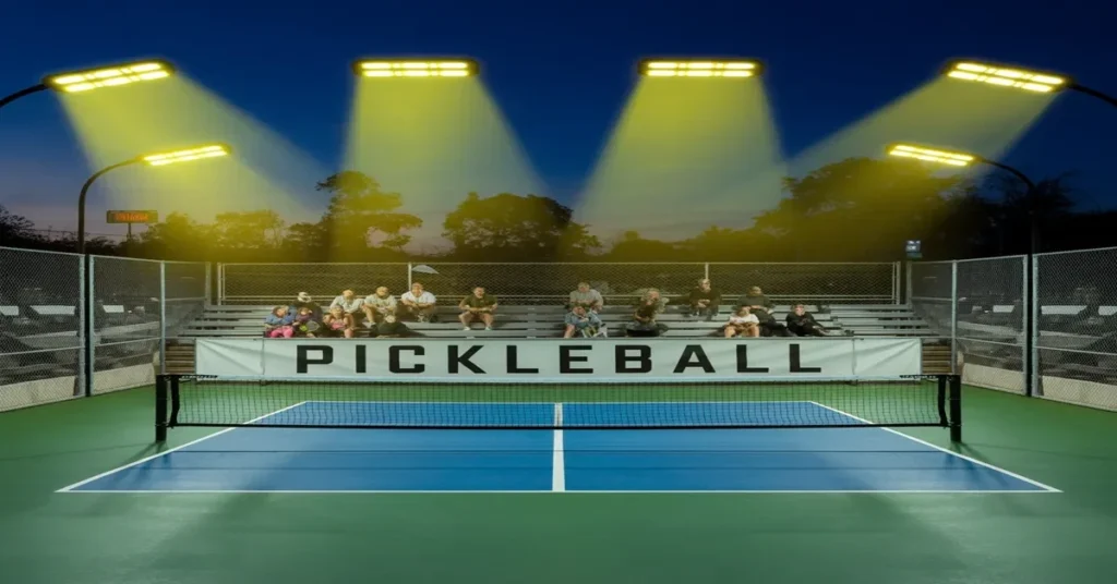 Lighting costs for day and night play for pickleball court with bright overhead lights and audience seating.