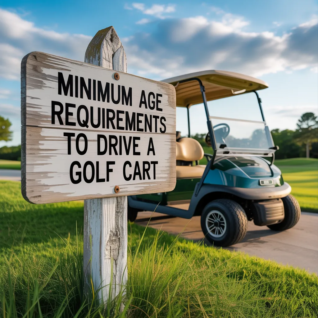 Do You Need a License to Drive a Golf Cart? Sign showing minimum age requirements beside a golf cart.
