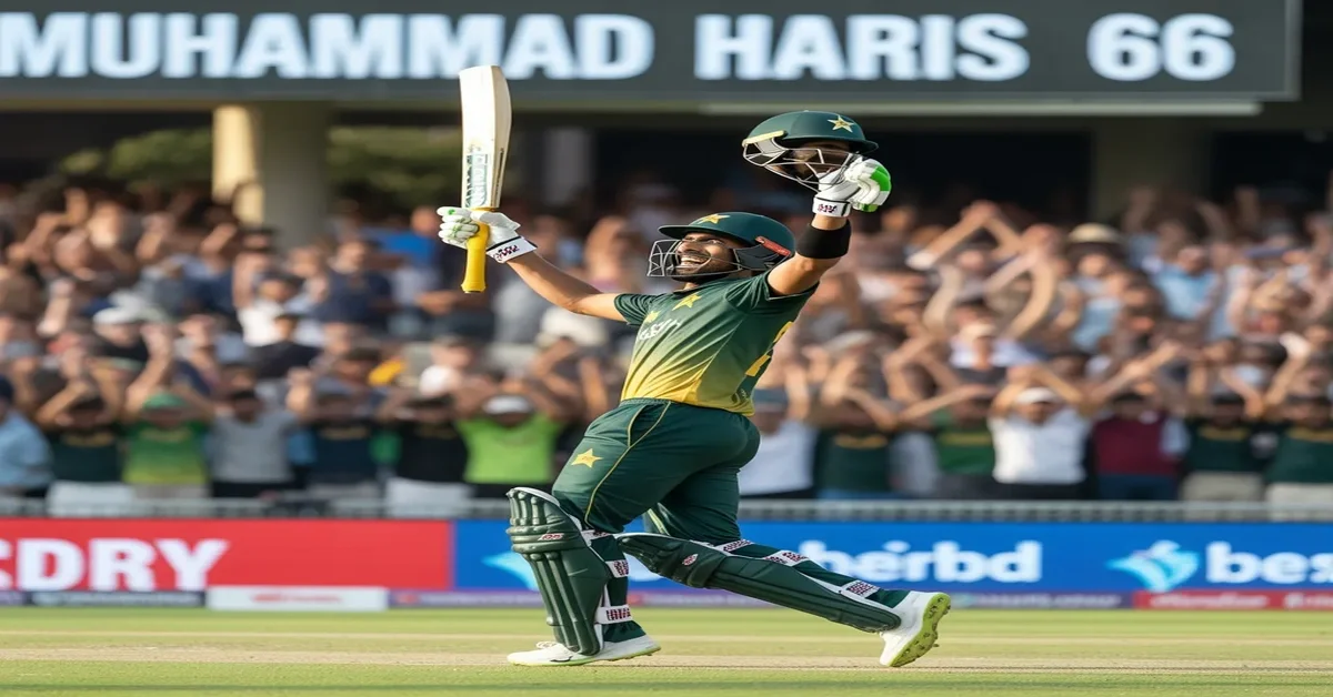 Muhammad Haris celebrates after scoring 66 runs in Pakistan's Asia Cup win, thrilling fans with a match-winning knock.