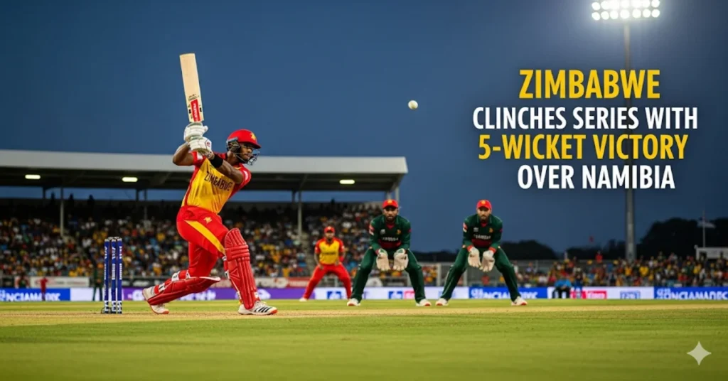 Namibia vs Zimbabwe cricket match where Zimbabwe secures a 5-wicket series win under stadium lights.