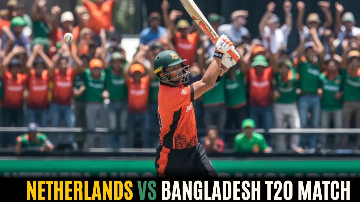 Netherlands vs Bangladesh T20 match action with batsman hitting shot and crowd cheering during exciting cricket game"