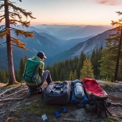 Hiker resting on mountain with gear, showing what clothes to wear for hiking on multi-day outdoor adventures.
