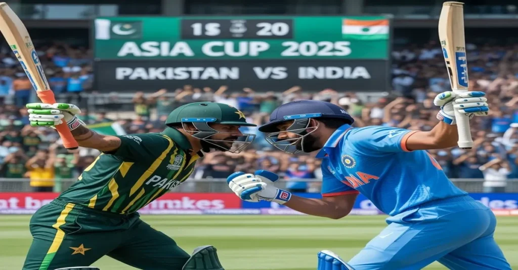Pak vs India Asia Cup 2025 cricket match with players facing off in an intense stadium atmosphere.