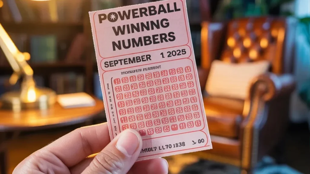 Powerball Winning Numbers September 1 2025 ticket held in hand inside cozy living room background