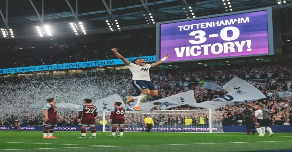 Tottenham celebrate 3-0 win over West Ham in Premier League 2025-26 at home stadium with fans and confetti in background.
