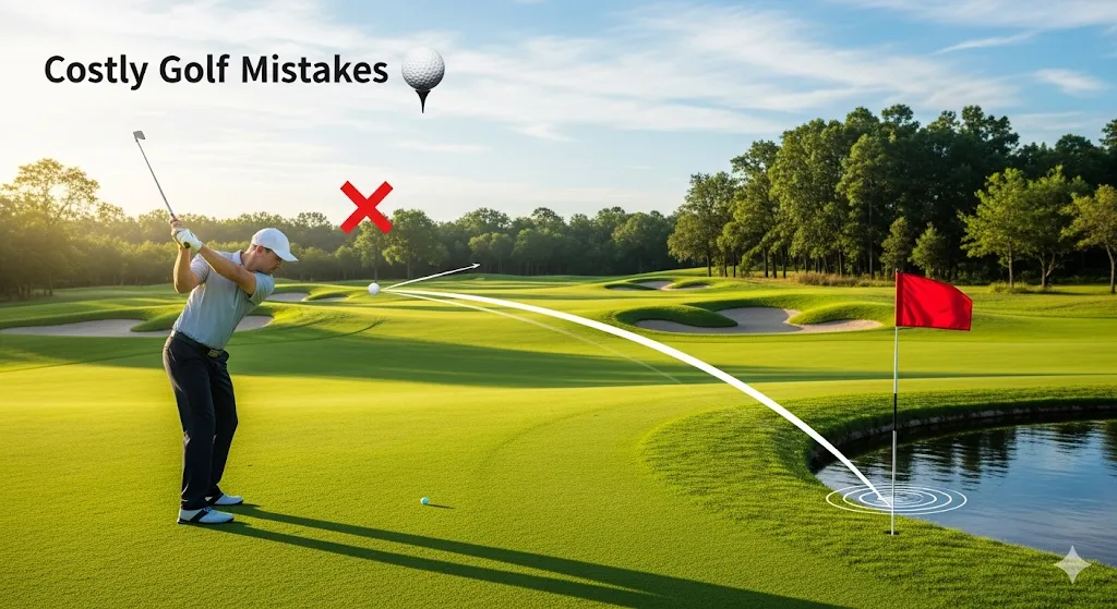 Golfer makes a costly mistake hitting ball into water, highlighting rules like how many clubs in a golf bag are allowed during play.
