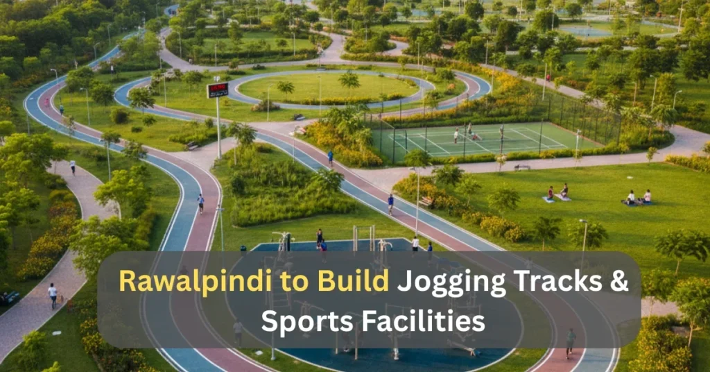 Aerial view of a green park in Rawalpindi with jogging tracks and sports courts, showing new sports facilities under development.