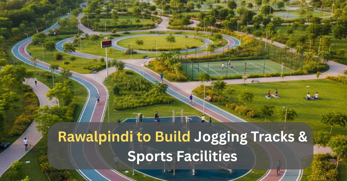 Aerial view of a green park in Rawalpindi with jogging tracks and sports courts, showing new sports facilities under development.