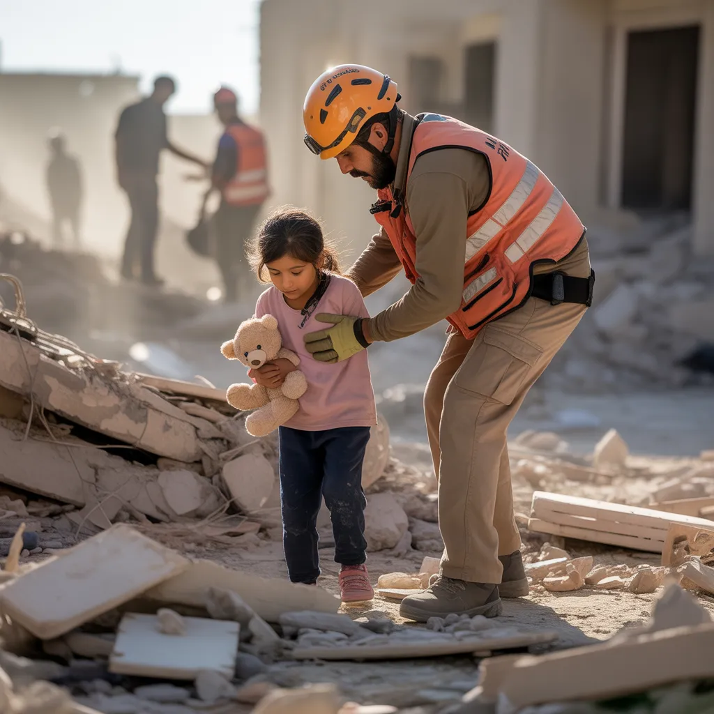Rescue Operations and Emergency Response – emergency responder guiding a child with teddy through earthquake debris.