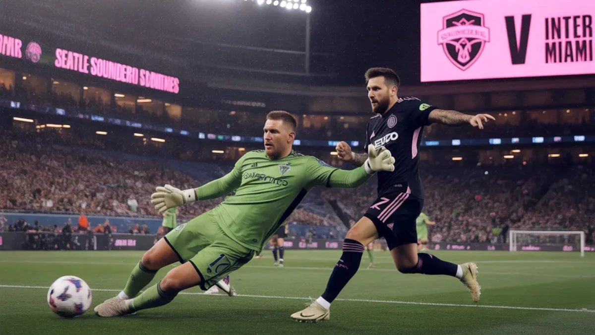 Seattle Sounders vs Inter Miami action as goalkeeper makes a save during intense MLS match