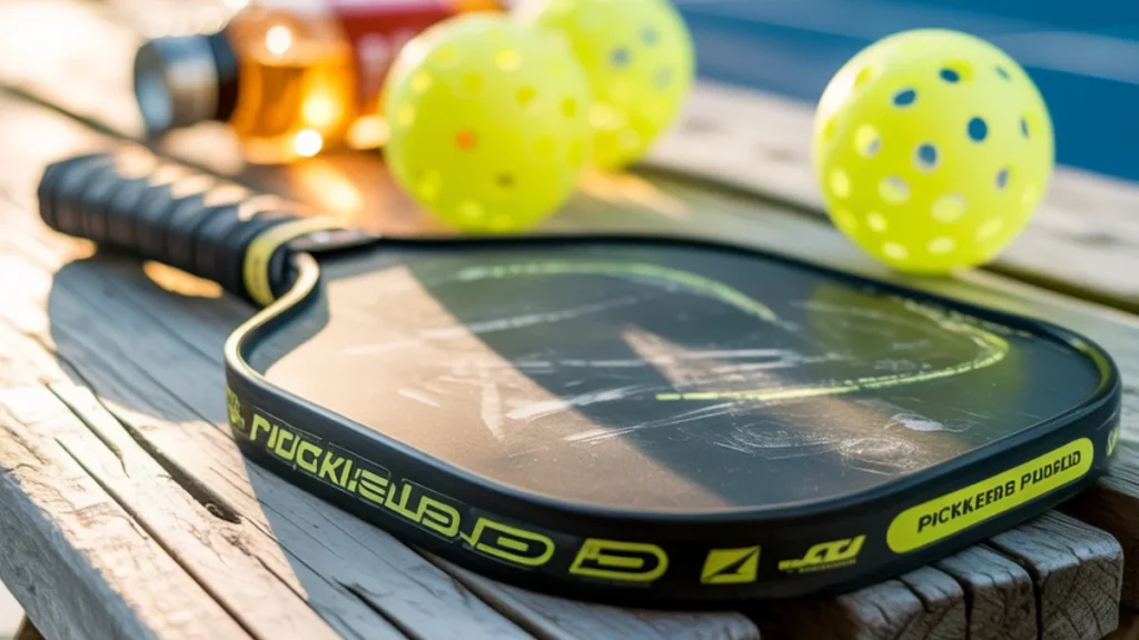 Scratched pickleball paddle with balls on bench showing signs your pickleball paddle is worn out.