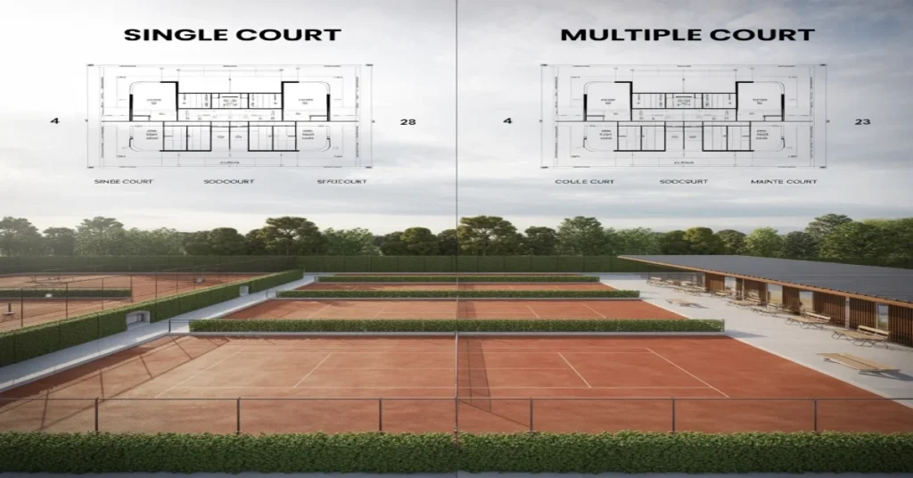 Comparison of single court vs. multiple court construction costs with layout plans and tennis court examples.