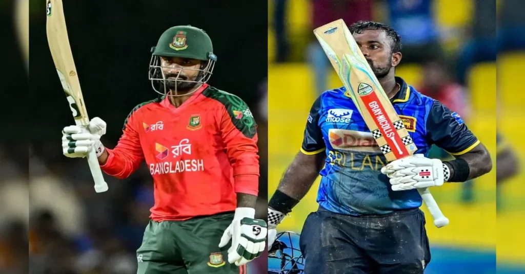 Sri Lanka vs Bangladesh cricketers raising bats after scoring fifties in an intense international cricket match