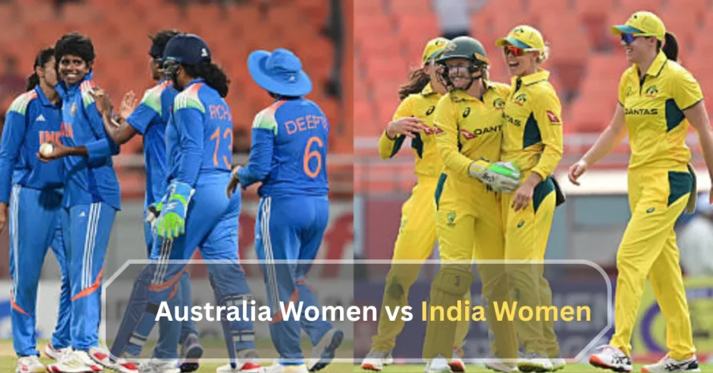Australia Women vs India Women teams celebrating on the field during an intense women's international cricket match"