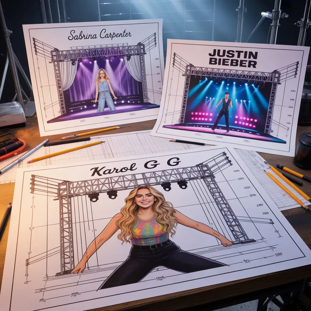 Stage design sketches of Sabrina Carpenter, Justin Bieber, and Karol G hinting at performances for the Coachella 2026 Lineup.