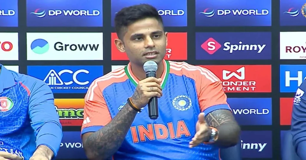 Suryakumar Yadav speaks at a press conference in India jersey, addressing media on why there was no handshake after the match. Keyword: Suryakumar Yadav Reveals Reason Behind No Handshake After Match!
