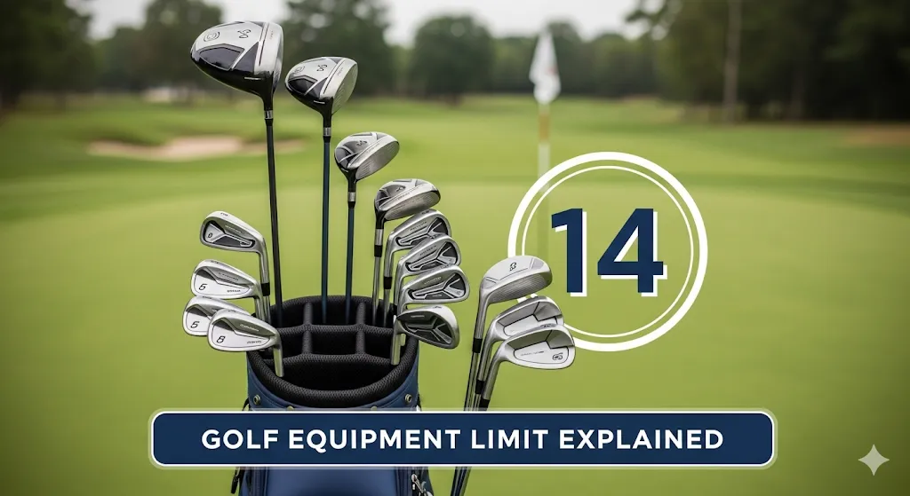 How many clubs in a golf bag explained with the 14 club equipment limit shown on a golf course background.