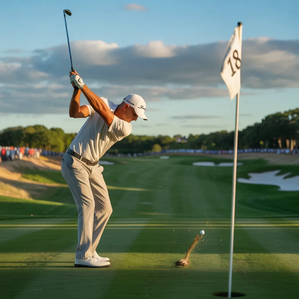 A professional golfer taking a swing on the 18th hole during a tournament, highlighting the importance of 18-holes in professional tournaments.