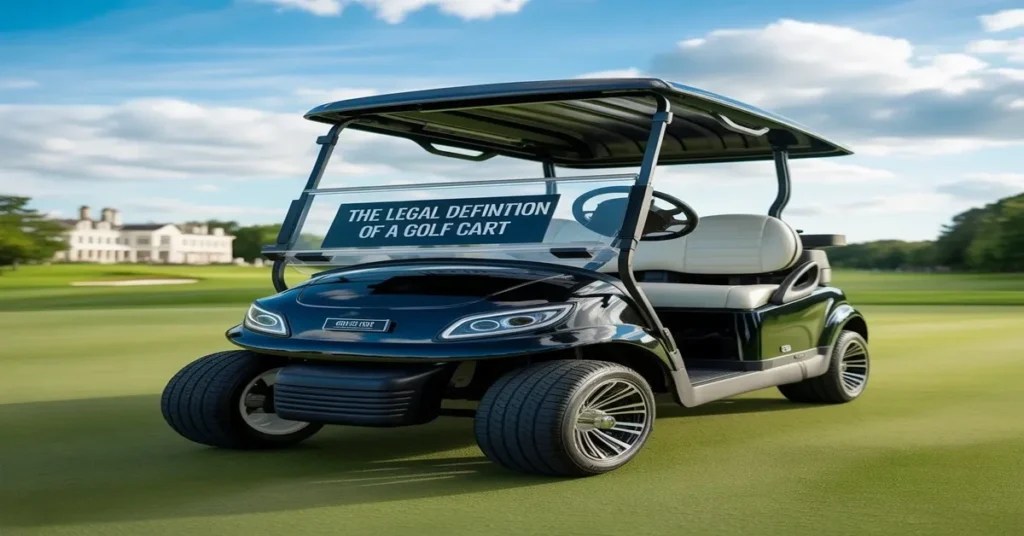 Black golf cart with a sign reading 'The Legal Definition of a Golf Cart' on a golf course, ideal for those curious about legal definitions.