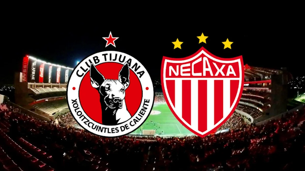 Club Tijuana vs Necaxa logos displayed over illuminated stadium – Tijuana vs Necaxa match visual.