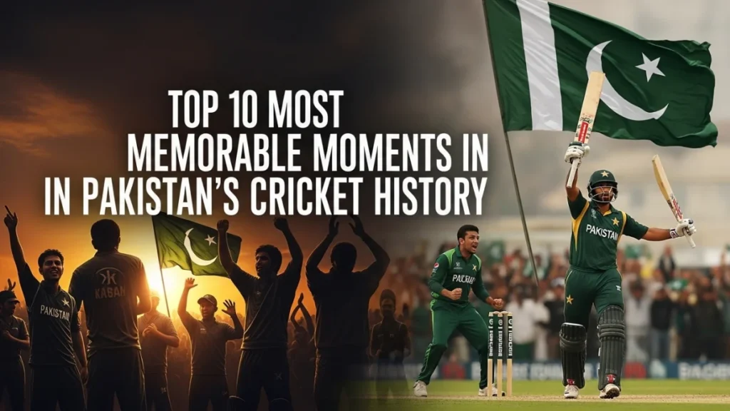 Top 10 Most Memorable Moments in Pakistan's Cricket History featuring iconic players and national flag celebrations