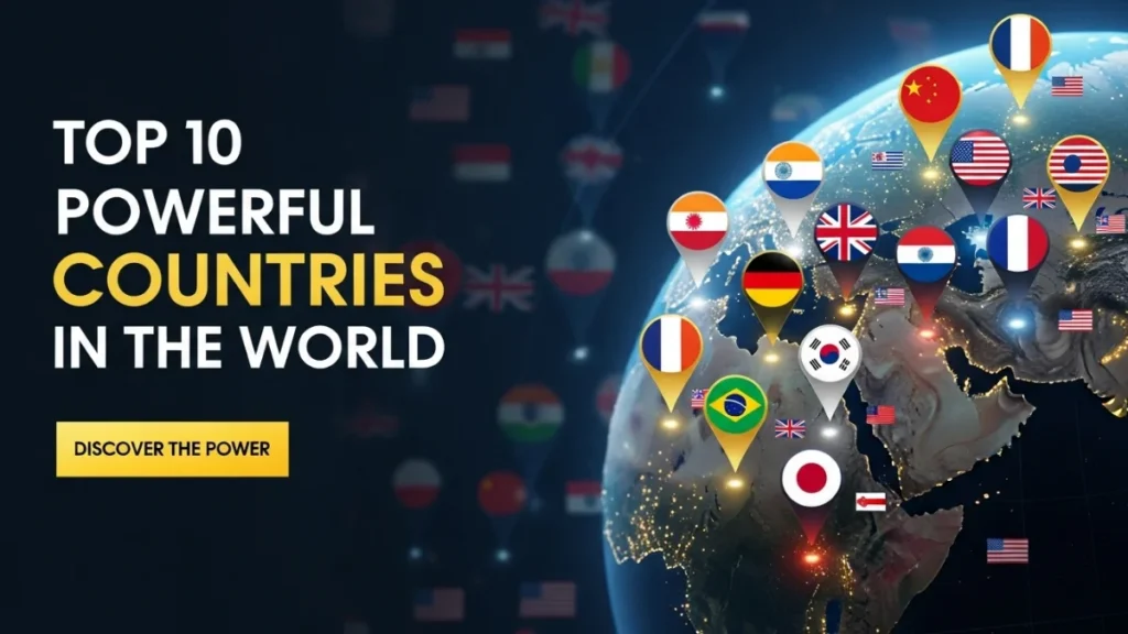 Global map showing flags of the top 10 powerful countries in the world with highlighted markers and modern design.