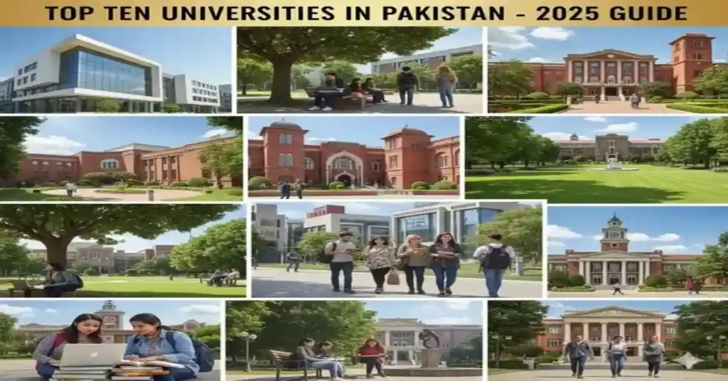 Top Ten Universities in Pakistan 2025 guide showing modern campuses, historic buildings, and students studying