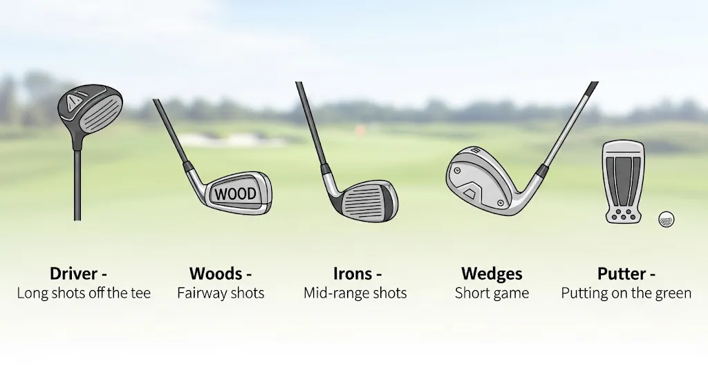 Illustration showing different types of golf clubs to explain How many Clubs in a Golf bag for drivers, woods, irons, wedges, and putter.