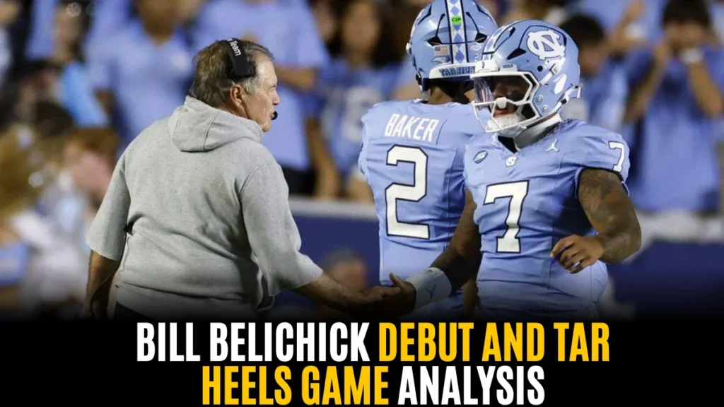 UNC Football vs TCU 2025 game action with Bill Belichick and Tar Heels players during match analysis moment