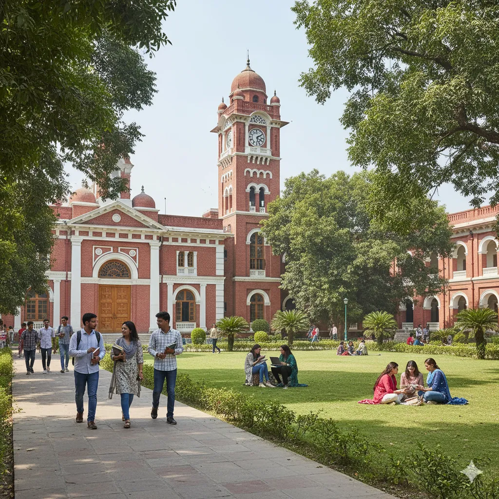 "Historic campus view with students studying at a top-ranked institute listed among the Top Ten Universities in Pakistan."