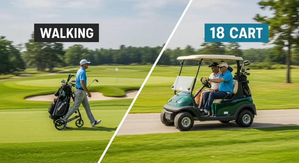 Image comparing walking versus riding a golf cart on the course, addressing how long does golf 18 holes take based on your mode of transportation.