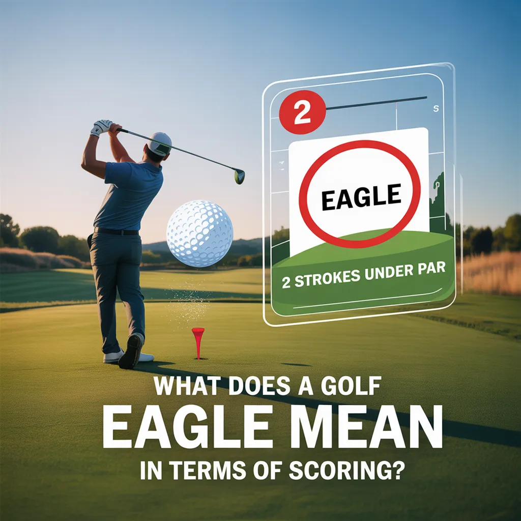 A golfer swinging on course with scorecard graphic explaining what is an Eagle in Golf, meaning 2 strokes under par.