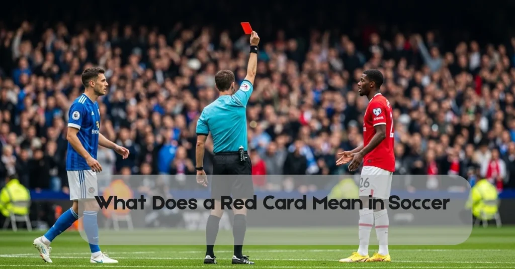 Referee showing a red card during a match, illustrating what does a red card mean in soccer for player discipline.