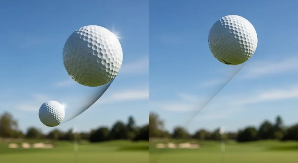 "Two golf balls in motion on a clear sky background showing dimples, illustrating how many dimples are on a golf ball"