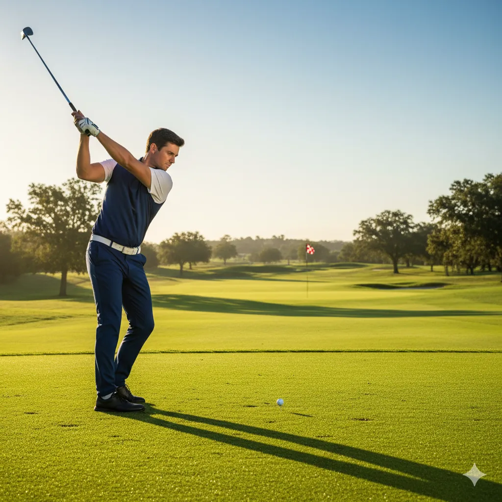 Golfer mid-swing on fairway during sunrise, illustrating what is a scratch golfer in action on a professional course.